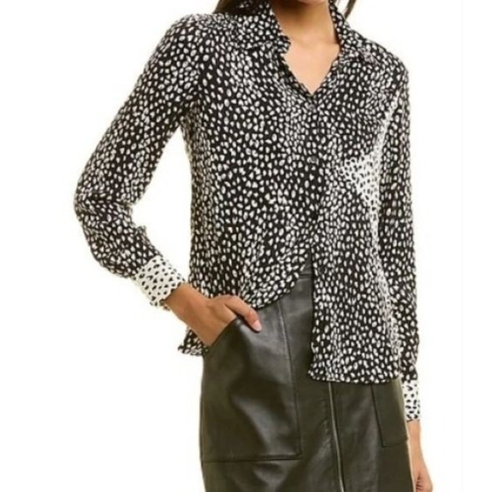 Maje Celia Noir Black White Animal‎ Print Long Sleeve Button Up Blouse Lagenlook